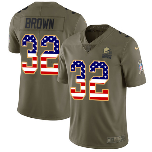 Nike Browns #32 Jim Brown Olive/USA Flag Men's Stitched NFL Limited Salute To Service Jersey